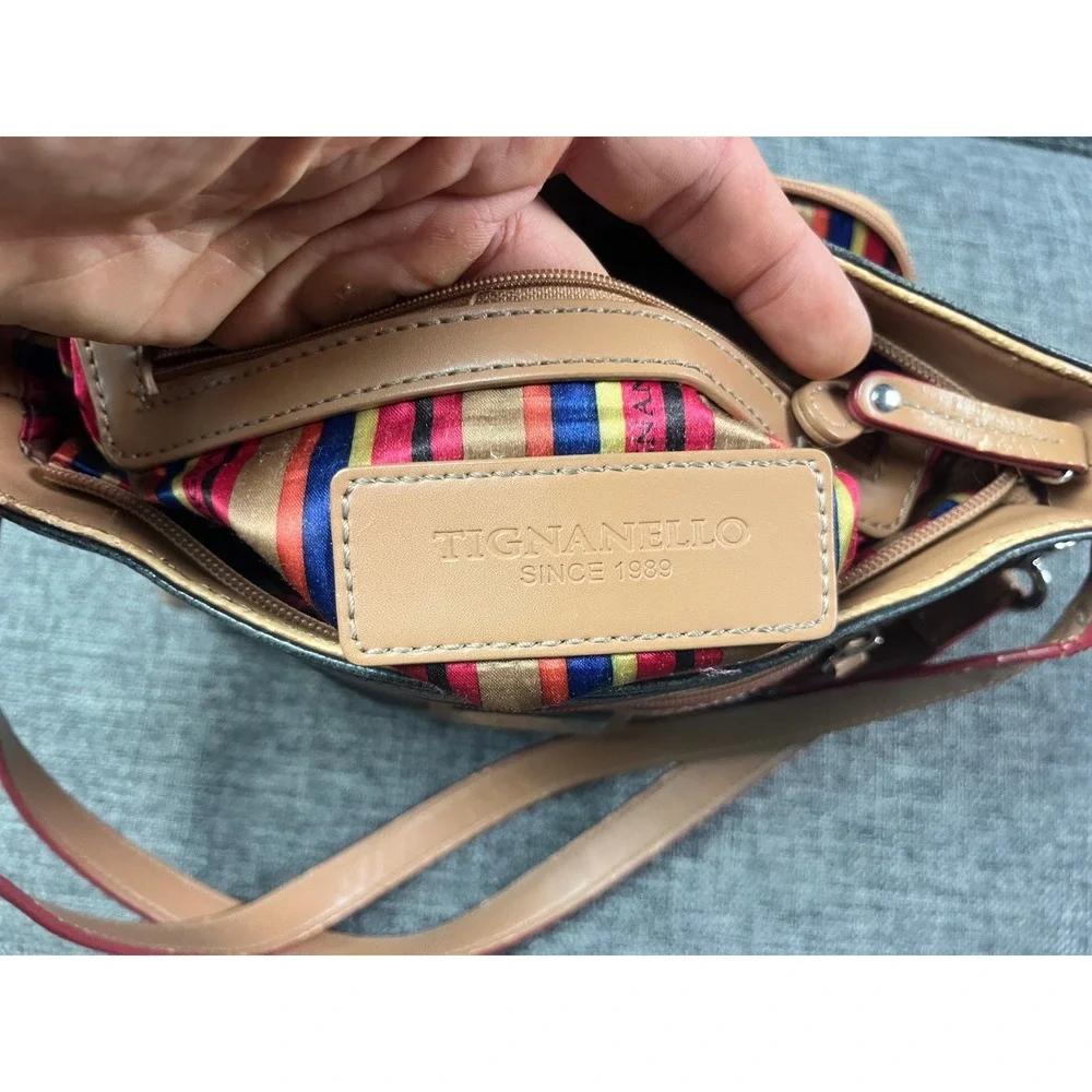 Tignanello Black Tan Leather Crossbody Bag Silver Hardware Striped Lining